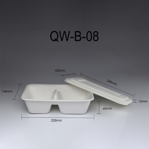 QW-B-08 二格一次性带盖纸饭盒1000ml 可降解  甘蔗纸浆